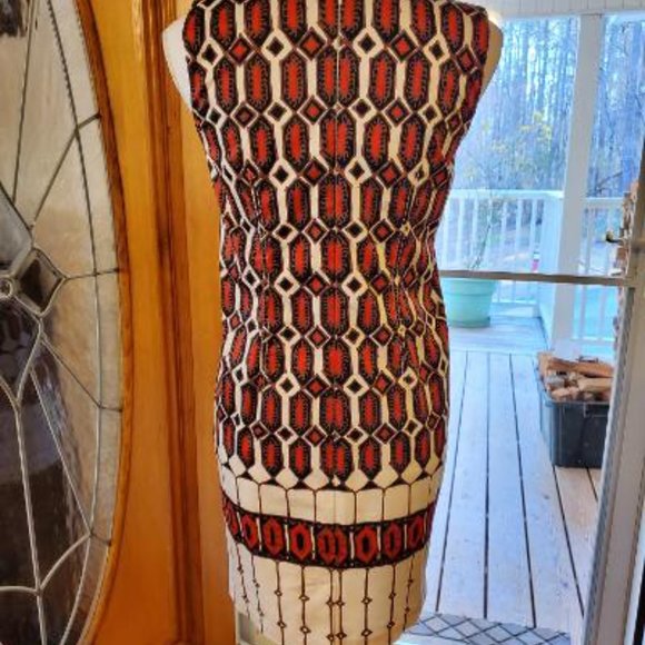 Red, Cream, Brown, Black, design Talbots dress Size 2P - Picture 3 of 9